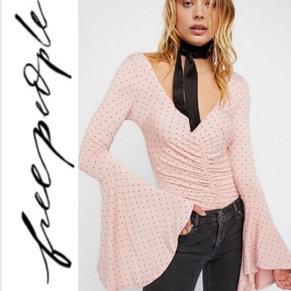 ๐ซ FREE PEOPLE โWhat A Babeโ Pink w/ Black Polka Dot Top Size L - NWT